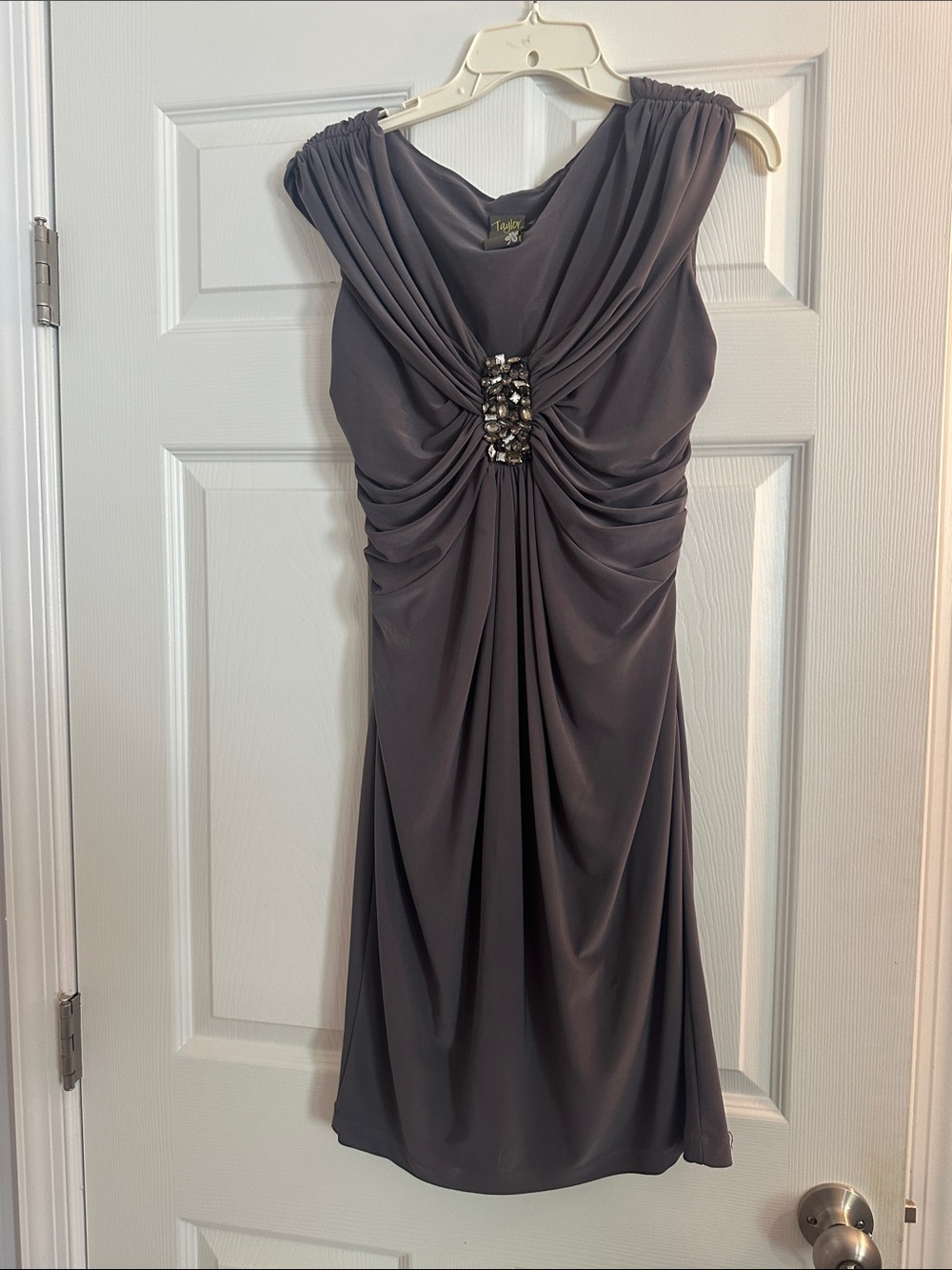Taylor Slate Grey Ruched Midi Dress with Jeweled Center